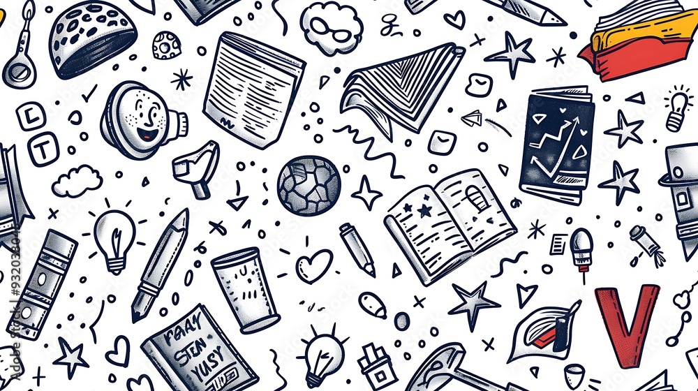 A seamless doodle pattern featuring speech bubbles, foreign language characters, and language learning books, all scattered in a lively arrangement, bright colors, on a white background, A seamless doodle pattern featuring speech bubbles, foreign language characters, and language learning books, all scattered in a lively arrangement, bright colors, on a white background,