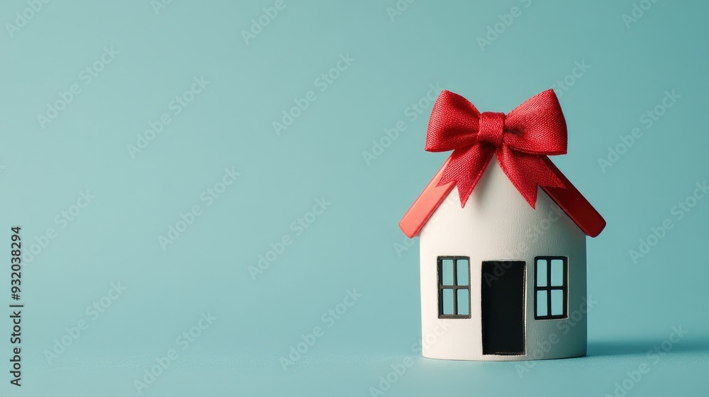 A small house model with a red bow tie on top, set against a clean background with ample copy space for real estate or gift themes A small house model with a red bow tie on top, set against a clean background with ample copy space for real estate or gift themes