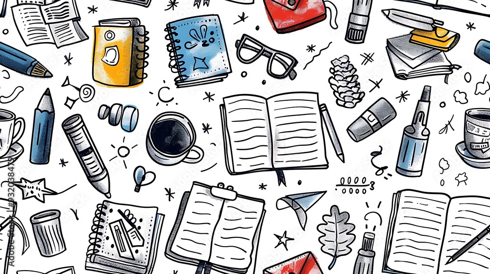A seamless doodle pattern featuring study session essentials like open books, coffee cups, highlighters, and sticky notes, scattered in a dynamic and focused arrangement with pens, notebooks, A seamless doodle pattern featuring study session essentials like open books, coffee cups, highlighters, and sticky notes, scattered in a dynamic and focused arrangement with pens, notebooks,