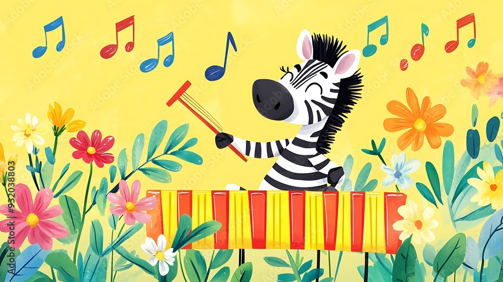 Playful Cartoon Zebra Jamming on Marimba in a Sunny Watercolor Wonderland - Vector Illustration with Lively Colors and Vibrant Design Playful Cartoon Zebra Jamming on Marimba in a Sunny Watercolor Wonderland - Vector Illustration with Lively Colors and Vibrant Design