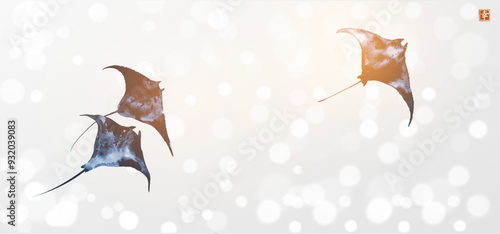 Three manta rays on white shimmering background. Minimalist sumi-e painting. Hieroglyph - happiness.