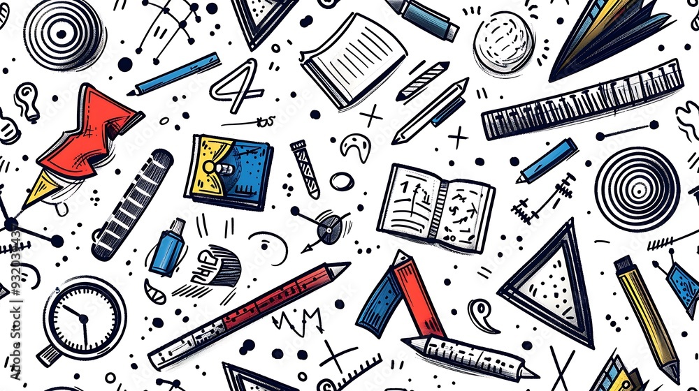 A seamless doodle pattern featuring various geometric shapes like triangles, squares, and circles, mixed with doodles of protractors, compasses, and rulers, A seamless doodle pattern featuring various geometric shapes like triangles, squares, and circles, mixed with doodles of protractors, compasses, and rulers,
