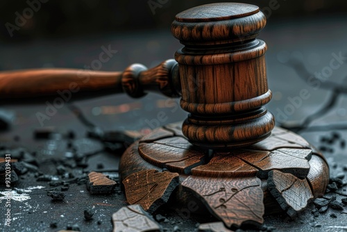 A cracked gavel lying on a dark surface, symbolizing the breakdown of justice due to corruption