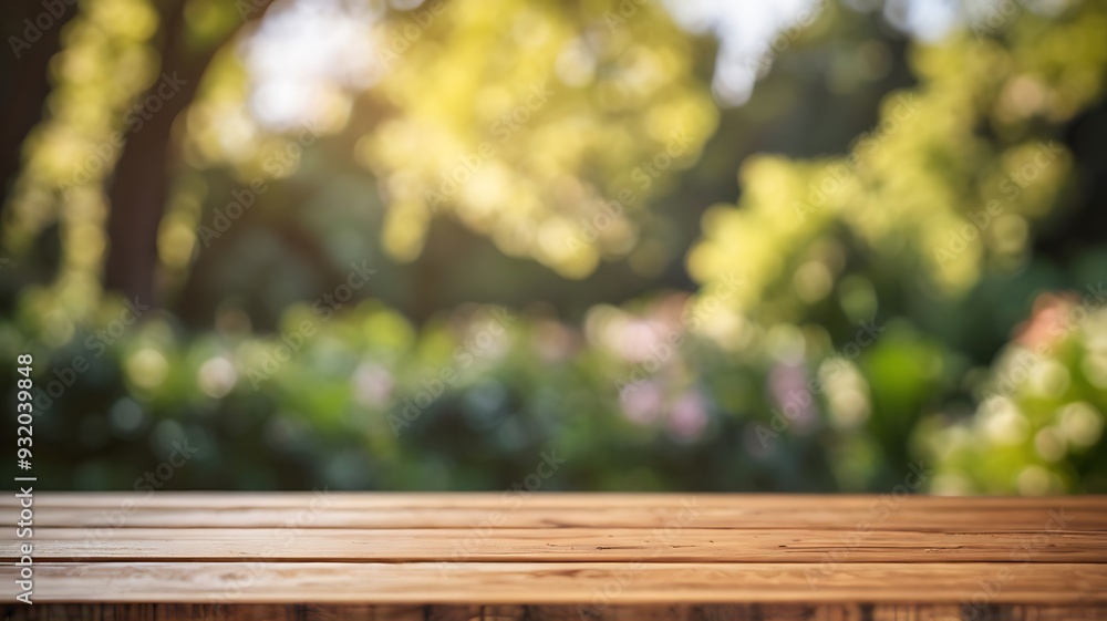 a empty wooden table with blurred garden background a empty wooden table with blurred garden background