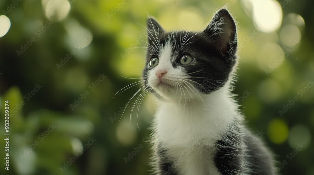 Black and white kitten with green park in the background Black and white kitten with green park in the background
