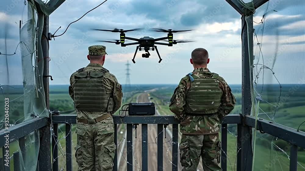 Watchtower Uniform Positioned on a watchtower overlooking the Ukrainian border, two ...