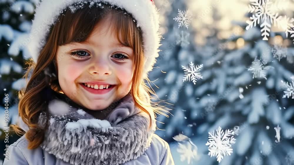 Smiling Caucasian girl wearing Santa hat and grey scarf among snow-covered pine trees. Concept of winter holiday, joyful children, snowy outdoors, festive season. Smiling Caucasian girl wearing Santa hat and grey scarf among snow-covered pine trees. Concept of winter holiday, joyful children, snowy outdoors, festive season.