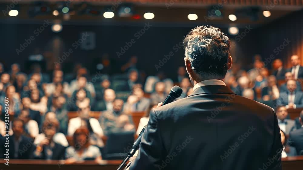 The atmosphere in the conference hall is electric as the audience of unrecognizable individuals hangs The atmosphere in the conference hall is electric as the audience of unrecognizable individuals hangs