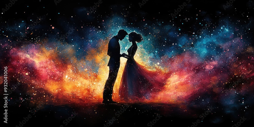 A Couple Silhouetted Against a Starry Sky with Watercolor Effects A Couple Silhouetted Against a Starry Sky with Watercolor Effects