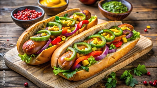 Colorful vegan hot dogs topped with avocado, relish, and mustard, served on a toasted bun against a rustic wooden background.