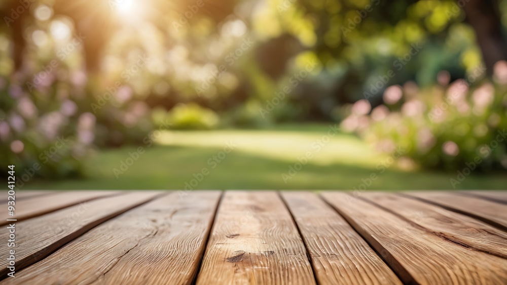a empty wooden table with blurred garden background a empty wooden table with blurred garden background