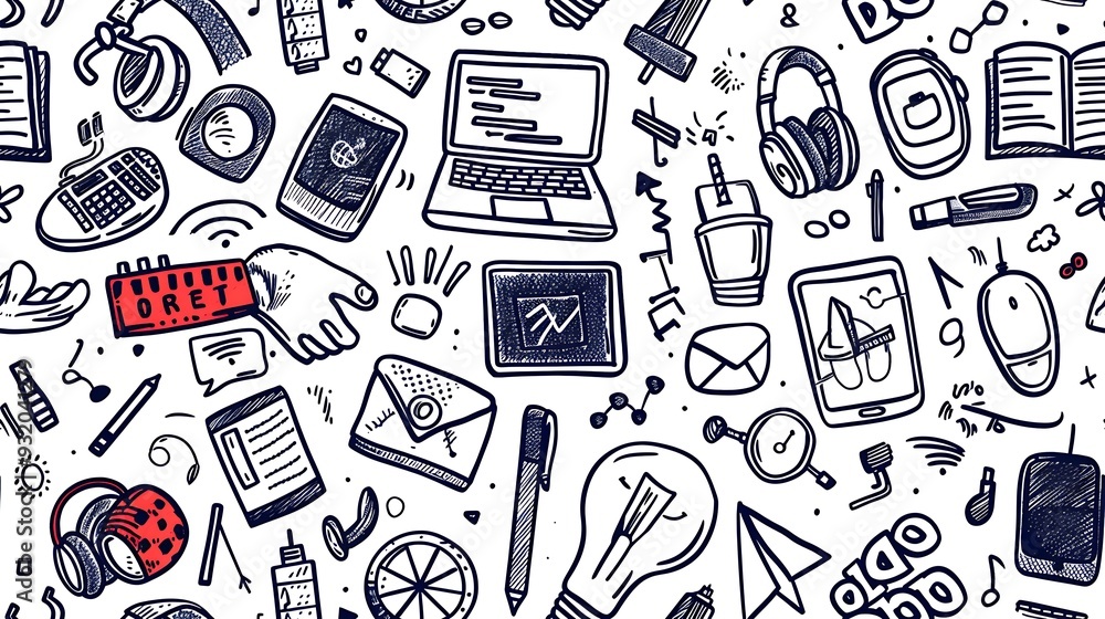 A seamless doodle pattern featuring various tech items like laptops, tablets, headphones, and coding symbols, mixed with doodles of USB drives, circuit boards, and power buttons,