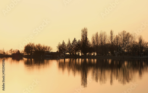 Beautiful autumn landscape of sunset. lake and silhouettes leafless trees in evening park. reflection in water. fall season atmosphere nature. harmony peaceful image