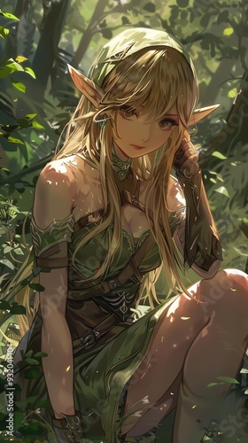 An anime elf with long hair rests in a vibrant forest, deep in thought and surrounded by greenery