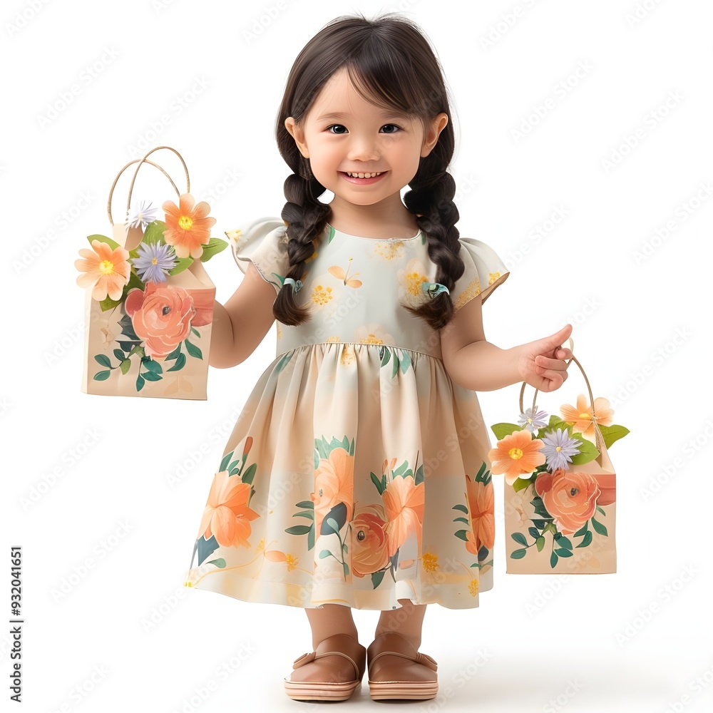 cute girl smiles, wearing lovely dress, with hand holding flower paper bags, white background. cute girl smiles, wearing lovely dress, with hand holding flower paper bags, white background.