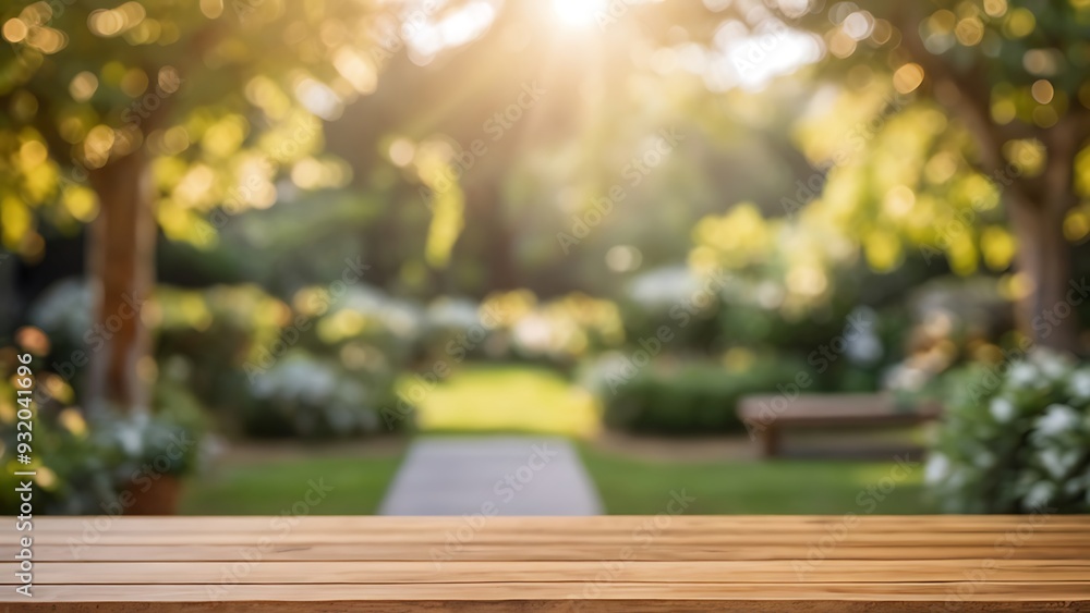 a empty wooden table with blurred garden background a empty wooden table with blurred garden background