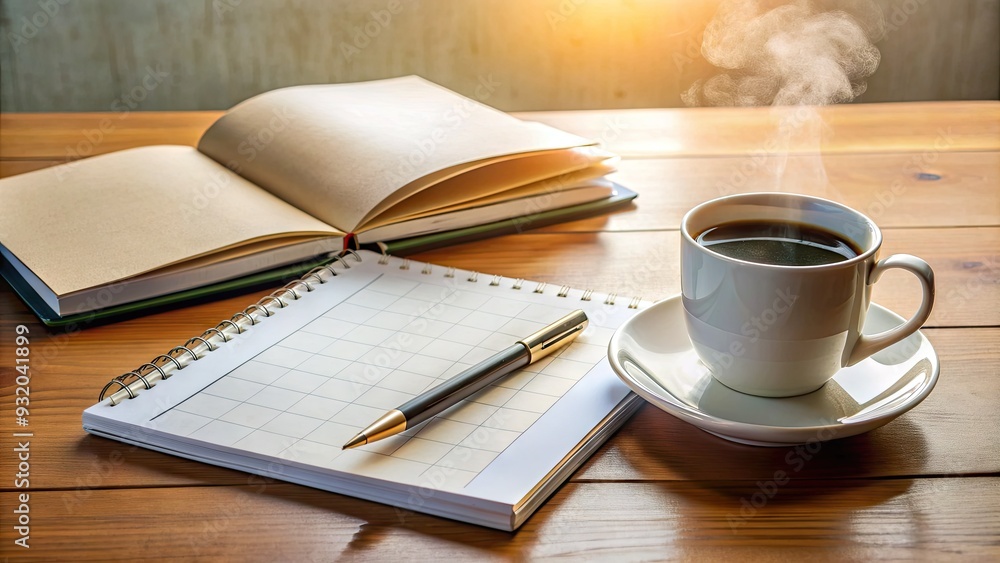 Compact calendar and pens neatly arranged on a clean desk beside an open textbook, surrounded by scattered notes and a steaming cup of coffee.