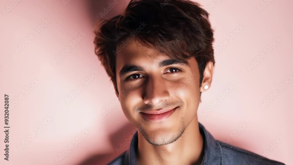 Smiling young man with short hair and an earring, set against a soft pink background. Concept of modern style, confidence, romance, and passionate charm. Smiling young man with short hair and an earring, set against a soft pink background. Concept of modern style, confidence, romance, and passionate charm.