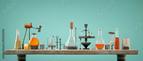 Colorful laboratory glassware on a wooden table against a teal background, showcasing various scientific instruments and solutions. photo