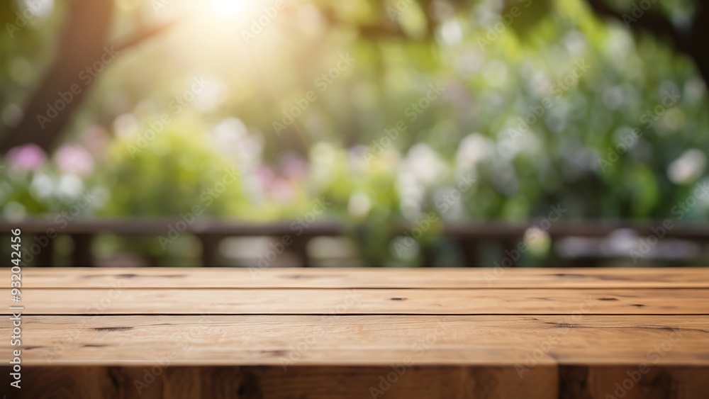 a empty wooden table with blurred garden background a empty wooden table with blurred garden background