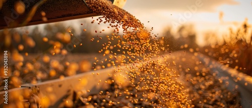 Photo of soybean grains being poured into a tractor trailer after harvest, showcasing agricultural