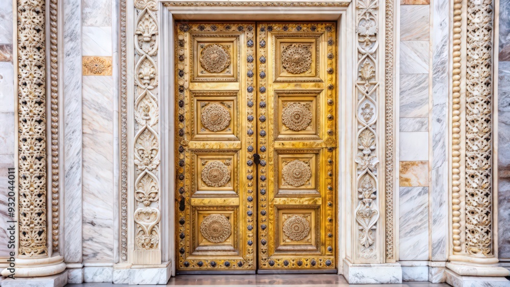 Fototapeta premium Ornate Golden Doors with Intricate Marble Framing