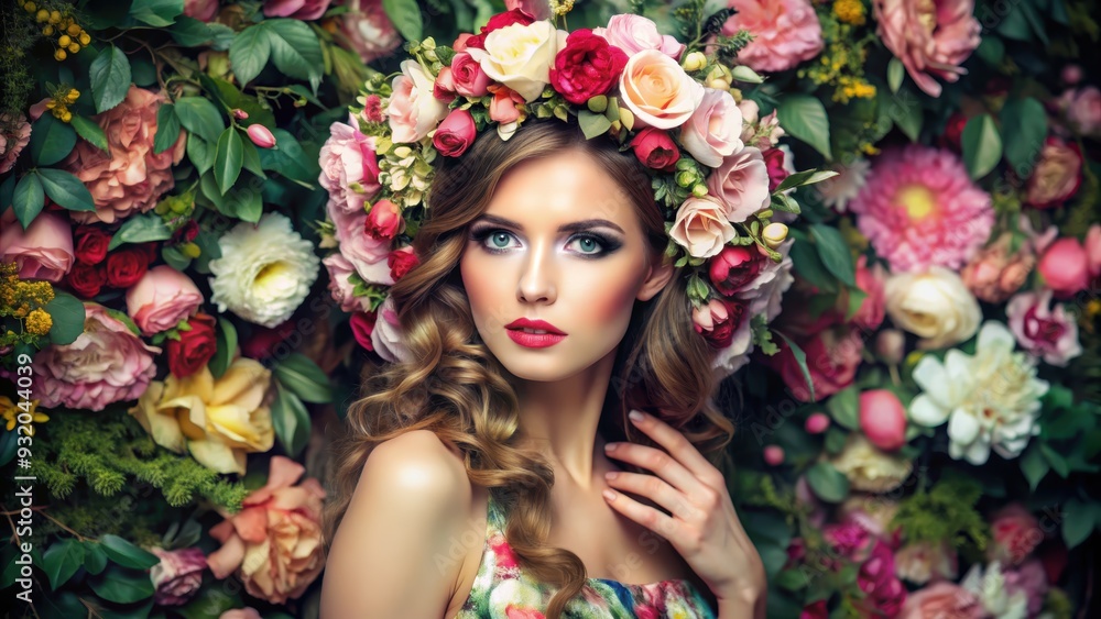 Beautiful Woman with Flower Crown in Spring Garden Beautiful Woman with Flower Crown in Spring Garden