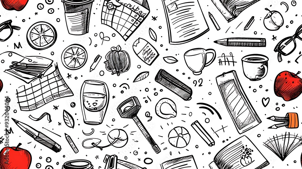 A seamless doodle pattern of scattered teacher’s desk items including apples, glasses, coffee cups, and lesson plans, surrounded by doodles of pencils, sticky notes, and books, in vibrant colors, A seamless doodle pattern of scattered teacher’s desk items including apples, glasses, coffee cups, and lesson plans, surrounded by doodles of pencils, sticky notes, and books, in vibrant colors,