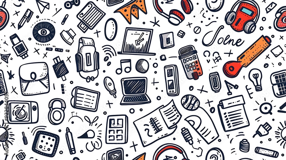 A seamless doodle pattern of scattered tech items including laptops, tablets, headphones, and coding symbols, surrounded by doodles of circuit boards and USB drives, in vibrant colors, A seamless doodle pattern of scattered tech items including laptops, tablets, headphones, and coding symbols, surrounded by doodles of circuit boards and USB drives, in vibrant colors,