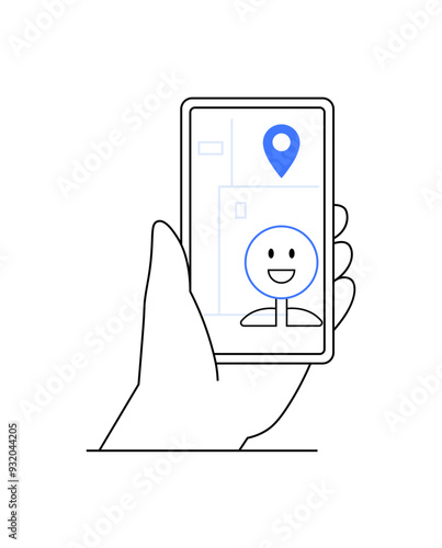 Illustration of a hand holding a smartphone displaying a smiling face icon and a location pin on a map. Represents navigation, user interaction, and digital mapping in a modern, clean design