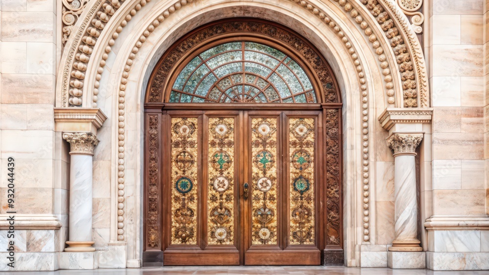 Obraz premium Ornate Double Doors with Intricate Carving and Glass Archway