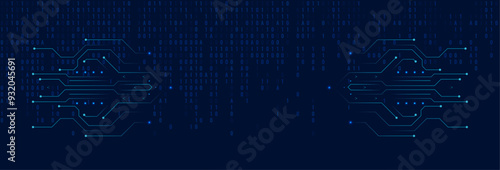A futuristic blue circuit board background showcases the tech-focused design. The AI banner is surrounded by a digital data matrix, symbolizing quantum computing and modern technology.