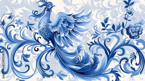 Blue Phoenix in Floral Swirls