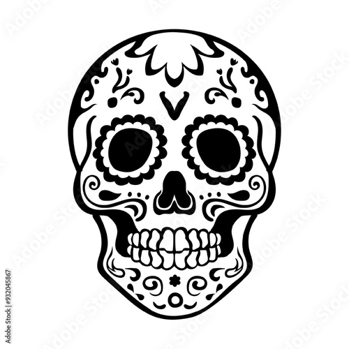 Linear hand drawn decorated Calavera with intricate designs symbolizing the Day of the Dead's celebration of life and remembrance. Dia de los Muertos sugar skull, calaca outline art as tattoo, logo