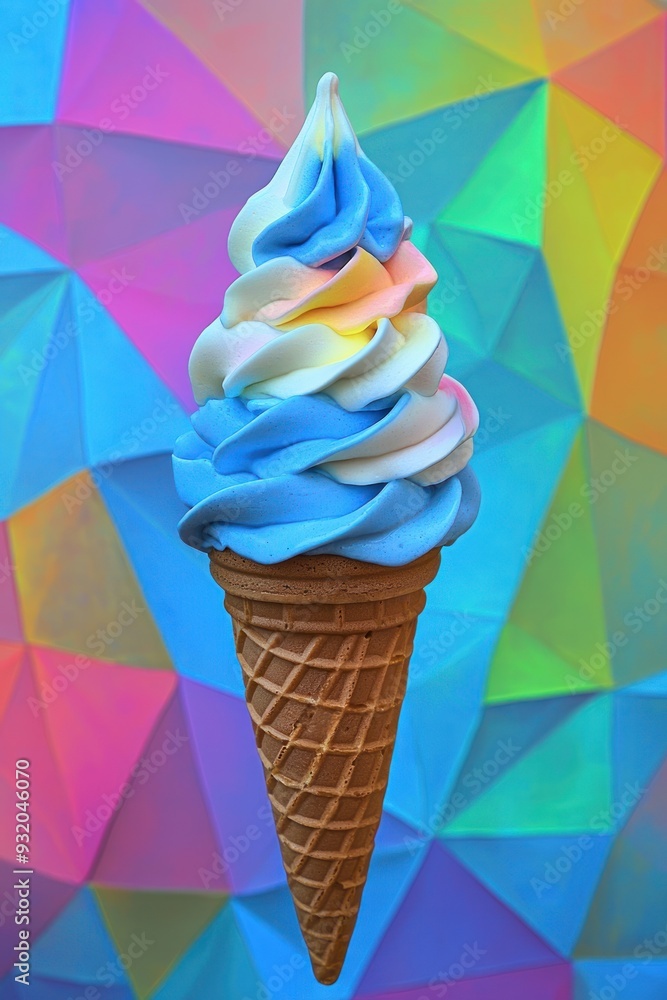 A colorful ice cream cone with swirls of blue and pastel colors against a vibrant geometric background. A colorful ice cream cone with swirls of blue and pastel colors against a vibrant geometric background.