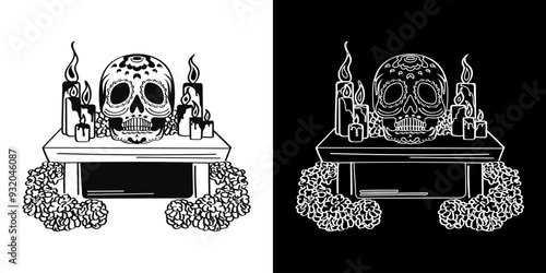Set of two Day of the Dead hand drawn linear Mexican sugar skulls (Calavera) surrounded by marigold flowers and burning candles on an altar. Black and white illustration of Dia de los Muertos ofrenda.