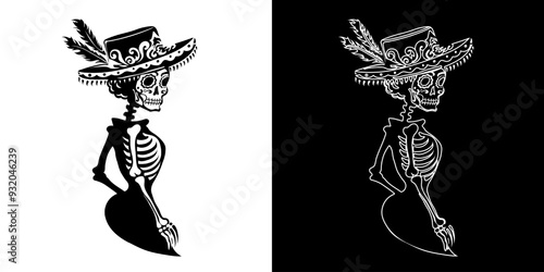 Dia de los Muertos illustration with black and white hand drawn la Calavera Catrina with ornate face paint. Female skeleton in hat with feathers for Mexican Day of the Dead. Ink line art tattoo design