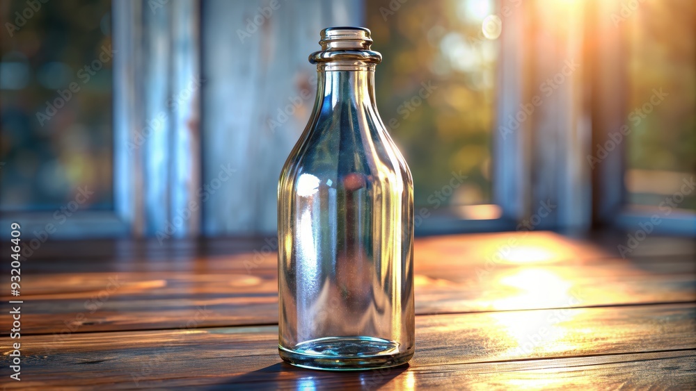 Empty Glass Bottle on a Wooden Table in the Sunlight Empty Glass Bottle on a Wooden Table in the Sunlight