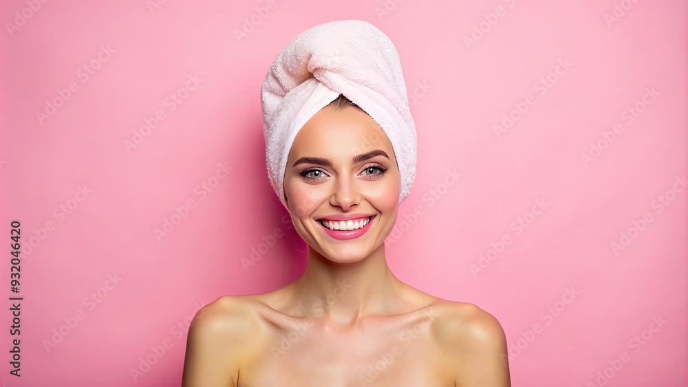 Confident young woman with a bright smile, wrapped in a towel, poses in a pink studio setting, highlighting skincare routines and self-care rituals. Confident young woman with a bright smile, wrapped in a towel, poses in a pink studio setting, highlighting skincare routines and self-care rituals.