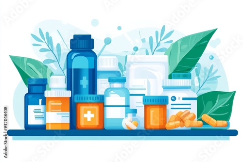 Wallpaper Mural A creative cheerful illustration of various medicine bottles and pills surrounded by leaves symbolizing the balance between pharmaceuticals and natural wellness in modern healthcare Torontodigital.ca
