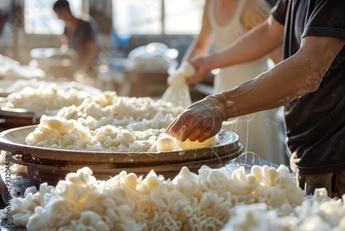 Silk workers handling delicate silk cocoons, carefully sorting them for the reeling process in a sunlit workshop