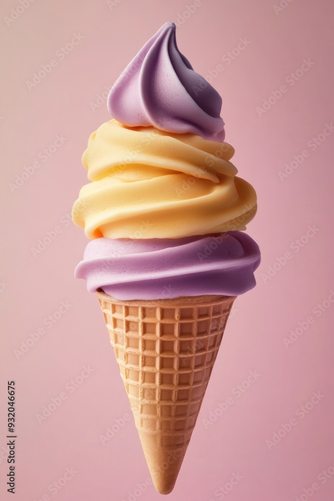 A colorful ice cream cone with swirls of purple and yellow against a soft pink background. A colorful ice cream cone with swirls of purple and yellow against a soft pink background.