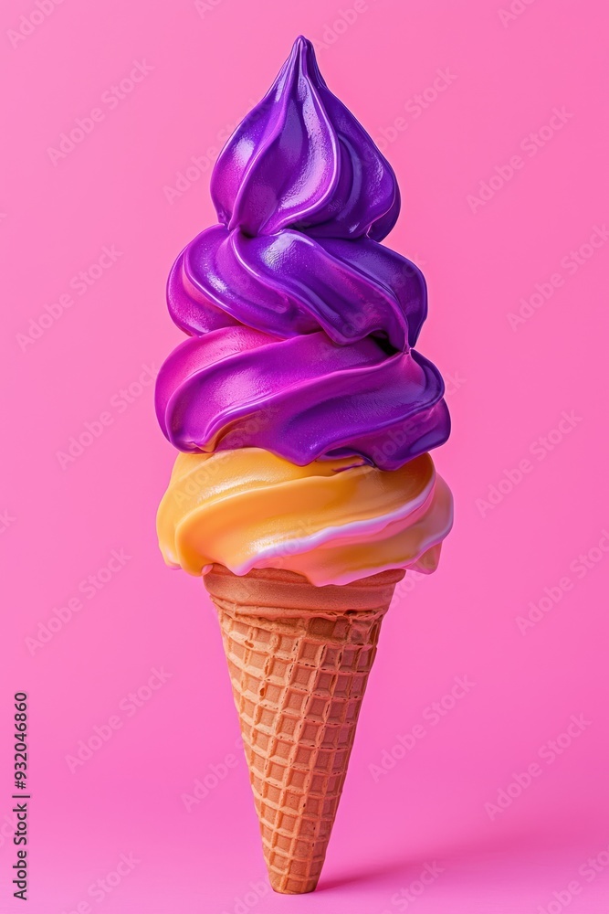 A colorful ice cream cone with purple and yellow swirls against a pink background. A colorful ice cream cone with purple and yellow swirls against a pink background.
