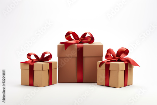 generated illustration of  brown paper gift box red bow ribbon white background.
