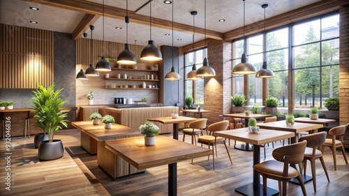 Contemporary coffee shop interior with sleek wooden tables, chic pendant lights, and a stylish minimalist ambiance, evoking a sense of modern sophistication and relaxation.