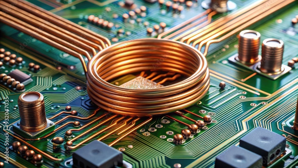 Copper wires and microchips on a circuit board, illustrating electrical ...