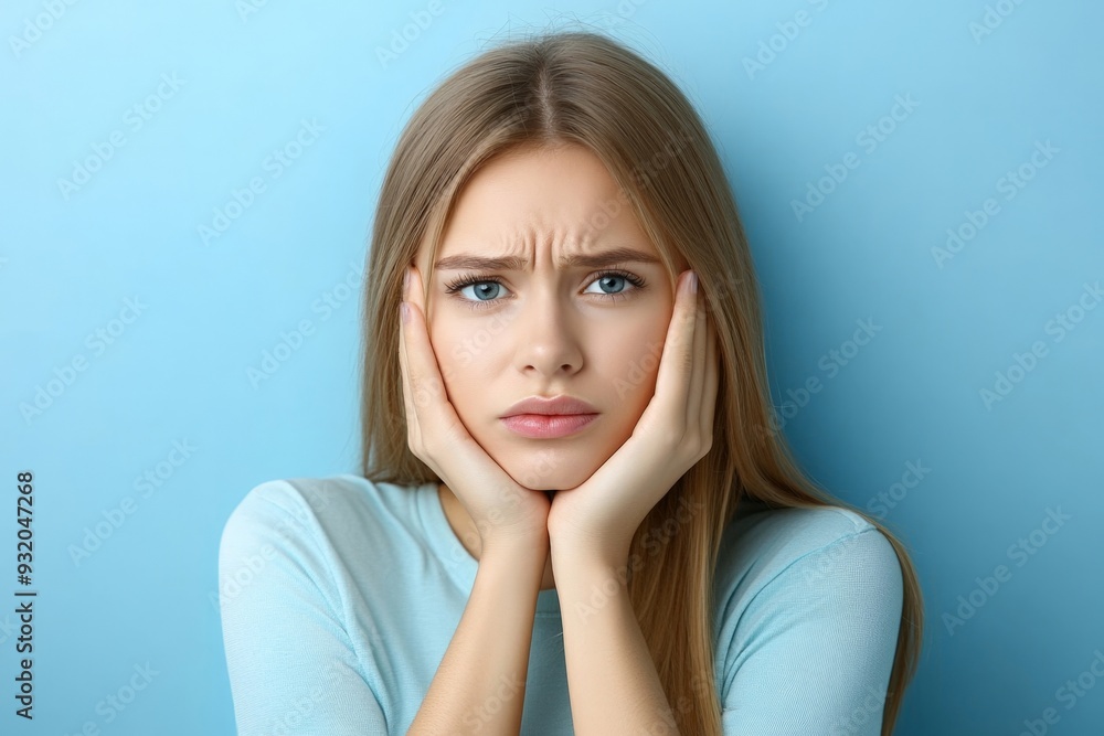 Young Woman Showing Signs of Stress and Worry Against Blue Background Young Woman Showing Signs of Stress and Worry Against Blue Background