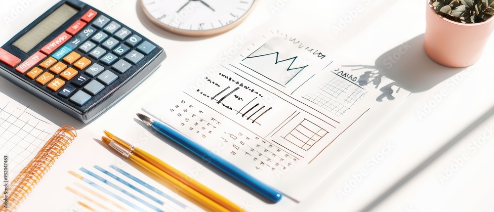 Obraz premium A flat lay of office supplies including a calculator, graph paper, and colorful pencils showcasing a productive workspace.