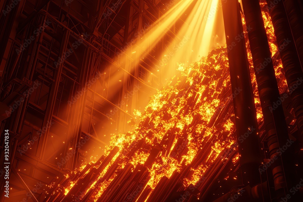 custom made wallpaper toronto digitalA mesmerizing display of flames illuminated by rays of light, creating a dramatic industrial atmosphere filled with heat and energy.