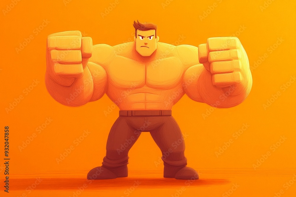 Imposing Cartoon Character Showcasing Strength on Vibrant Orange Background Imposing Cartoon Character Showcasing Strength on Vibrant Orange Background